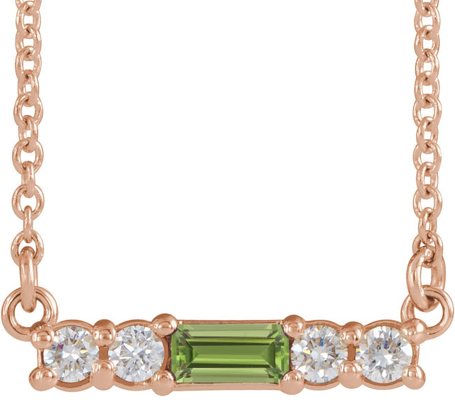 14K Gold Straight Baguette Natural Peridot Accented Bar Necklace – 1/8 CTW - Rose Gold