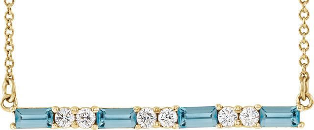 14K Gold Straight Baguette Natural Aquamarine Accented Bar Necklace - Yellow Gold