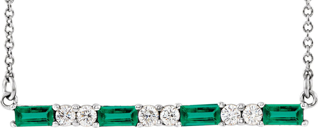 14K Gold Straight Baguette Natural Emerald Accented Bar Necklace - White Gold