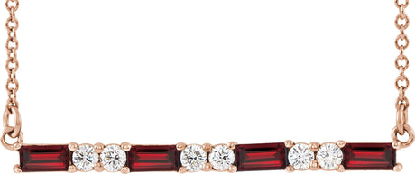 14K Gold Straight Baguette Natural Mozambique Garnet Accented Bar Necklace - Rose Gold