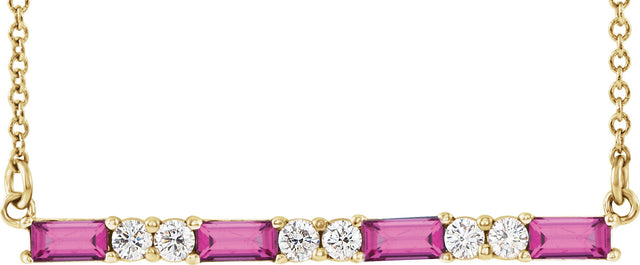 14K Gold Straight Baguette Natural Pink Tourmaline Accented Bar Necklace - Yellow Gold