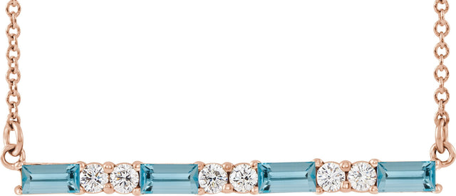 14K Gold Straight Baguette Natural Aquamarine Accented Bar Necklace - Rose Gold