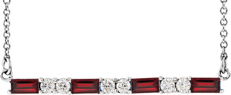 14K Gold Straight Baguette Natural Mozambique Garnet Accented Bar Necklace - White Gold