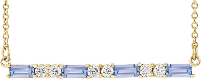 14K Gold Straight Baguette Natural Tanzanite Accented Bar Necklace - Yellow Gold