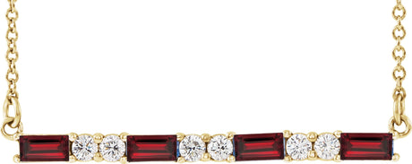 14K Gold Straight Baguette Natural Mozambique Garnet Accented Bar Necklace - Yellow Gold
