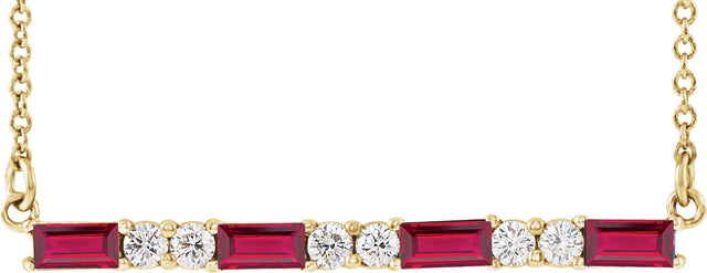 14K Gold Straight Baguette Natural Ruby Accented Bar Necklace - Yellow Gold