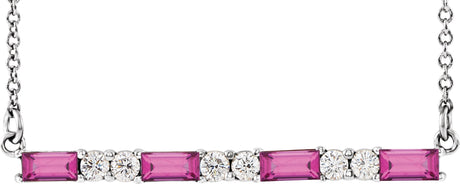 Platinum Straight Baguette Natural Pink Tourmaline Accented Bar Necklace
