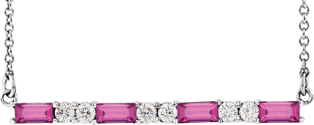 Platinum Straight Baguette Natural Pink Tourmaline Accented Bar Necklace