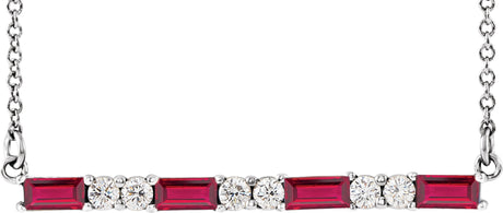 Platinum Straight Baguette Natural Ruby Accented Bar Necklace