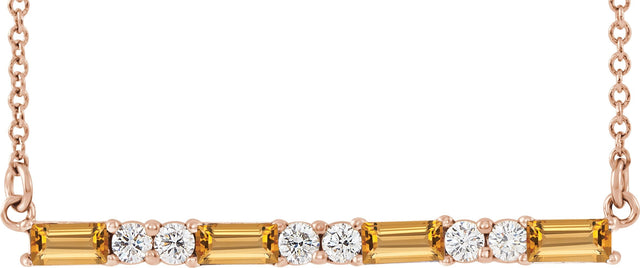 14K Gold Straight Baguette Natural Citrine Accented Bar Necklace - Rose Gold