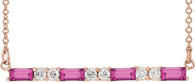 14K Gold Straight Baguette Natural Pink Tourmaline Accented Bar Necklace - Rose Gold