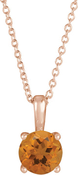 14K Gold Round Natural Citrine Solitaire Necklace or Pendant - Rose Gold