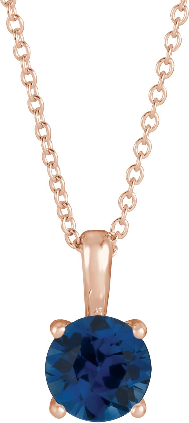 14K Gold Round Lab-Grown Blue Sapphire Solitaire Necklace or Pendant II - Rose Gold