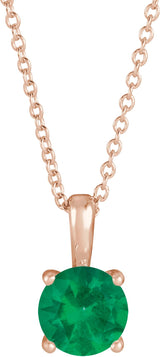 14K Gold Round Natural Emerald Solitaire Necklace or Pendant - Rose Gold