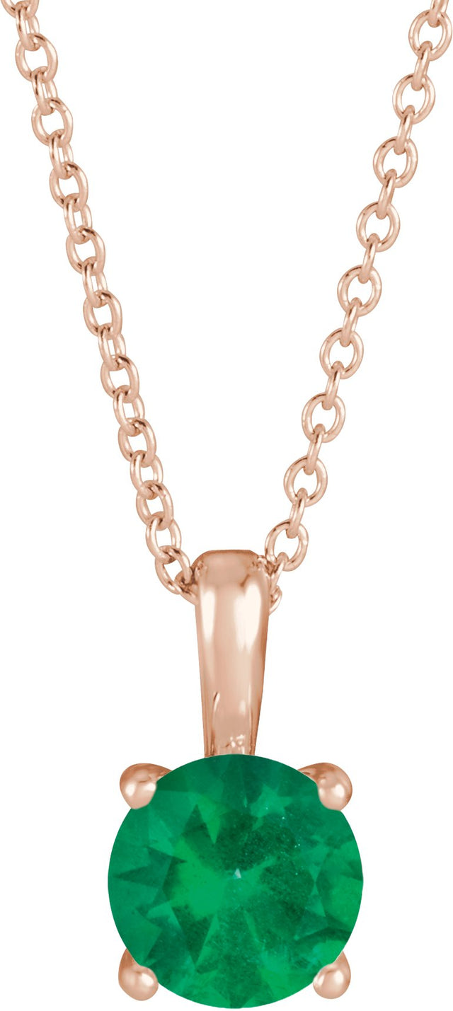 14K Gold Round Natural Emerald Solitaire Necklace or Pendant - Rose Gold