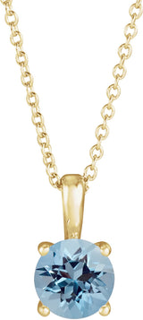 14K Gold Round Natural Aquamarine Solitaire Necklace or Pendant - Yellow Gold