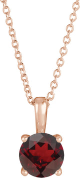 14K Gold Round Natural Mozambique Garnet Solitaire Necklace or Pendant - Rose Gold
