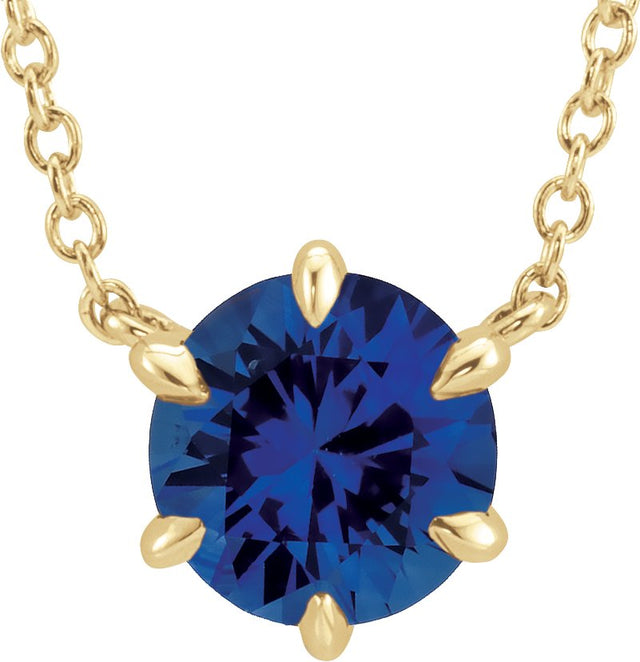 14K Gold Round Lab-Grown Blue Sapphire Solitaire Necklace II - Yellow Gold