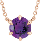 14K Gold Round Natural Amethyst Solitaire Necklace - Rose Gold