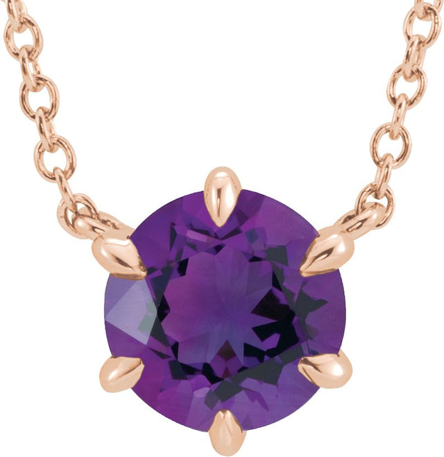 14K Gold Round Natural Amethyst Solitaire Necklace II - Rose Gold