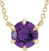 14K Gold Round Natural Amethyst Solitaire Necklace - Yellow Gold