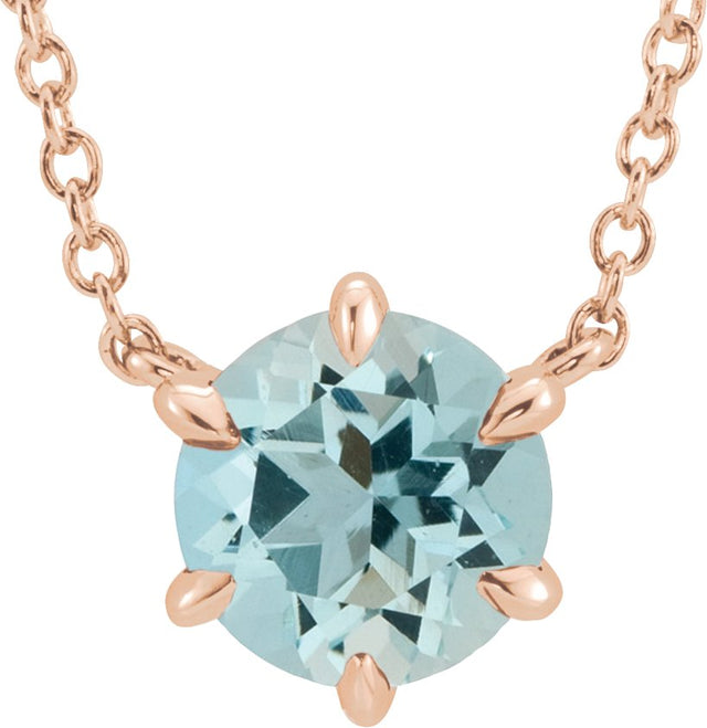 14K Gold Round Natural Aquamarine Solitaire Necklace II - Rose Gold