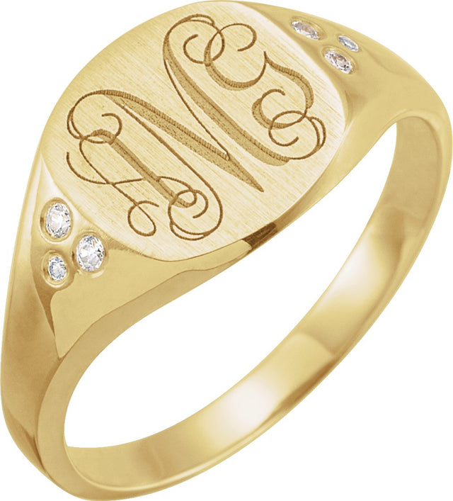 14K Gold Round Natural Diamond Engravable Square Signet Ring - Yellow Gold - view 3
