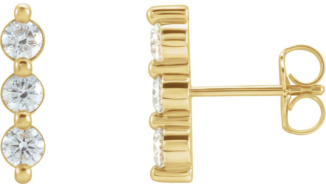 14K Gold Round Natural Diamond Three-Stone Bar Earrings – 3mm Stones - Yellow Gold