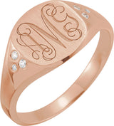 14K Gold Round Natural Diamond Engravable Square Signet Ring - Rose Gold - view 4