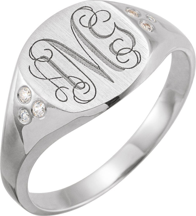 Platinum Round Natural Diamond Engravable Square Signet Ring - view 4