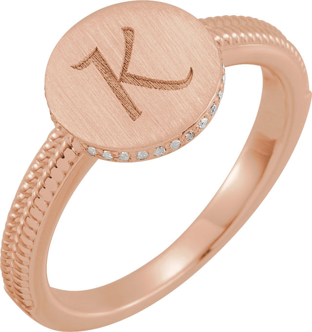 14K Gold Natural Diamond Round Signet Ring - Rose Gold - view 3