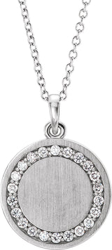 14K Gold Round Natural Diamond Engravable Halo-Style Necklace or Pendant - White Gold