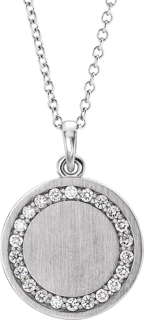 14K Gold Round Natural Diamond Engravable Halo-Style Necklace or Pendant - White Gold