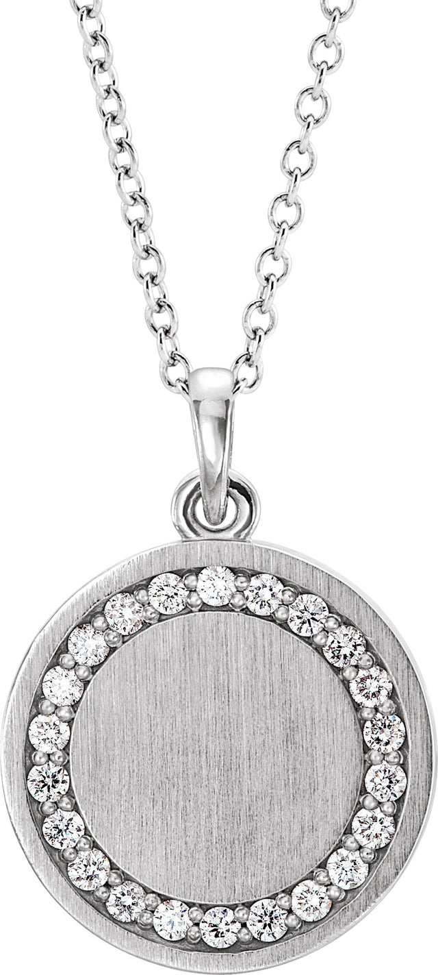 14K Gold Round Natural Diamond Engravable Halo-Style Necklace or Pendant - White Gold