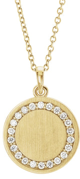 14K Gold Round Natural Diamond Engravable Halo-Style Necklace or Pendant - Yellow Gold