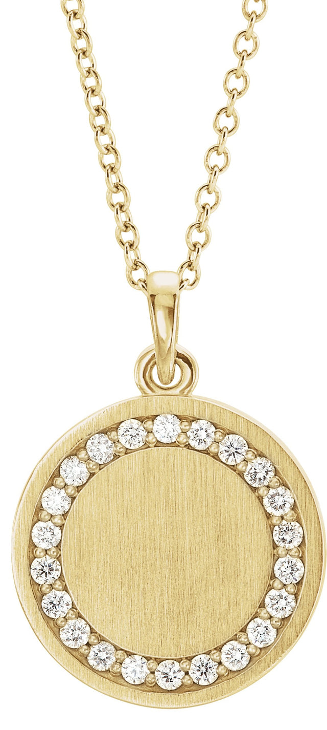 14K Gold Round Natural Diamond Engravable Halo-Style Necklace or Pendant - Yellow Gold