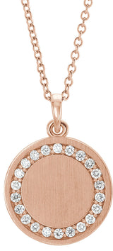 14K Gold Round Natural Diamond Engravable Halo-Style Necklace or Pendant - Rose Gold