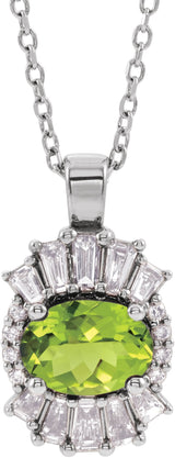 Platinum Oval Natural Peridot Halo-Style Necklace or Pendant