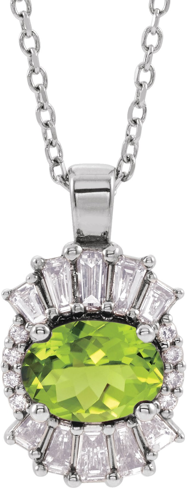 Platinum Oval Natural Peridot Halo-Style Necklace or Pendant