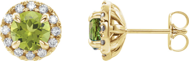 14K Gold Round Natural Peridot French-Set Halo-Style Earrings - Yellow Gold
