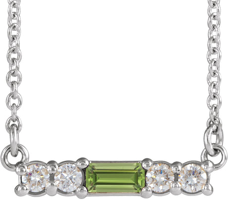 Platinum Straight Baguette Natural Peridot Accented Bar Necklace – 1/8 CTW