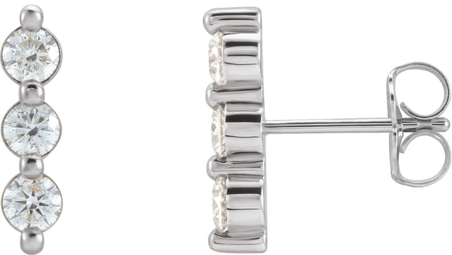 Platinum Round Natural Diamond Three-Stone Bar Earrings