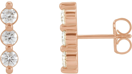 14K Gold Round Natural Diamond Three-Stone Bar Earrings – 3mm Stones - Rose Gold