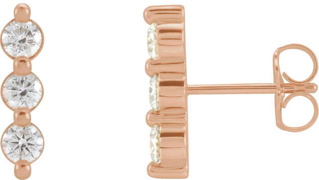 14K Gold Round Natural Diamond Three-Stone Bar Earrings – 3mm Stones - Rose Gold