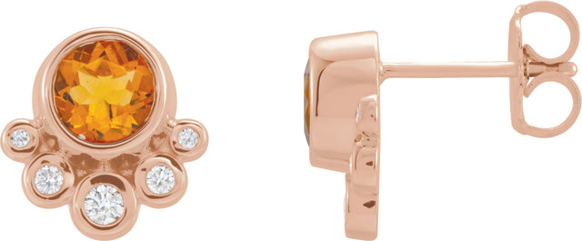 14K Gold Round Natural Citrine Accented Bezel-Set Earrings - Rose Gold