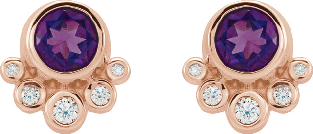 14K Gold Round Natural Amethyst Accented Bezel-Set Earrings - Rose Gold - view 2