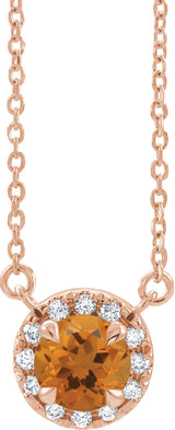 14K Gold Round Natural Citrine French-Set Halo-Style Necklace - Rose Gold