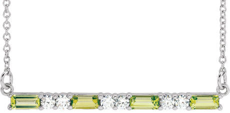 Platinum Straight Baguette Natural Peridot Accented Bar Necklace