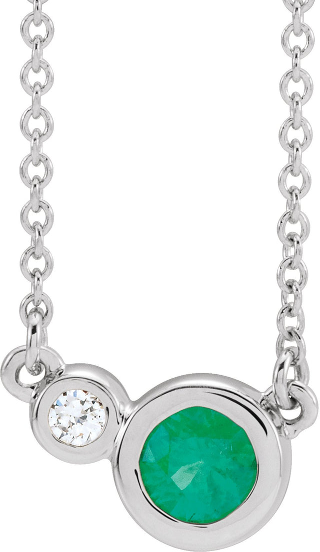 14K Gold Round Natural Emerald Accented Bezel-Set Necklace - White Gold