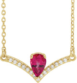 14K Gold Pear Lab-Grown Ruby Accented V Necklace - Yellow Gold